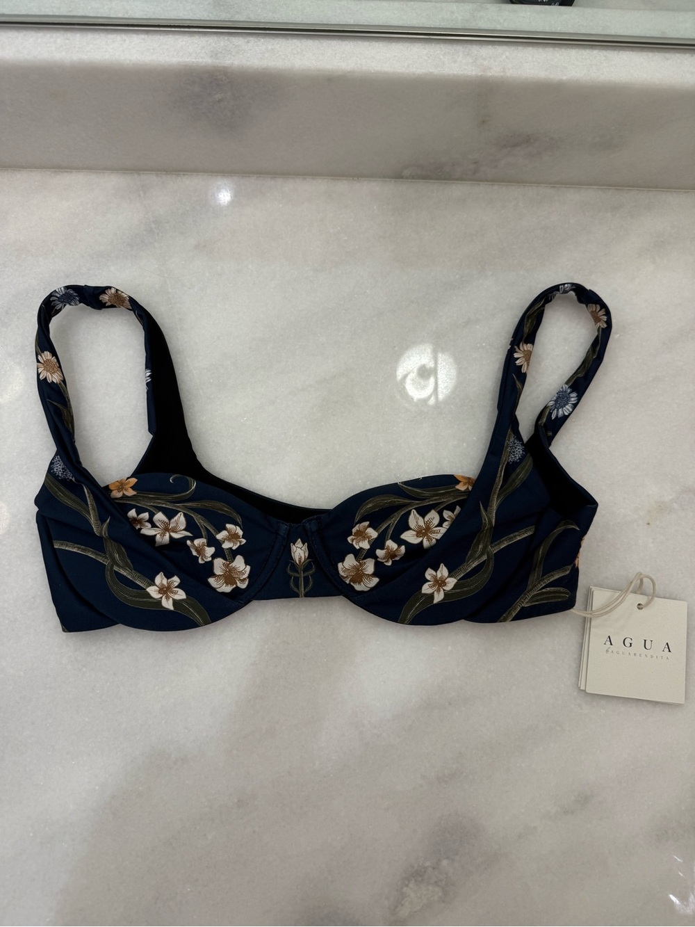 Agua Bendita Navy Floral Underwire Bikini Top with Cream & Tan Embroidery